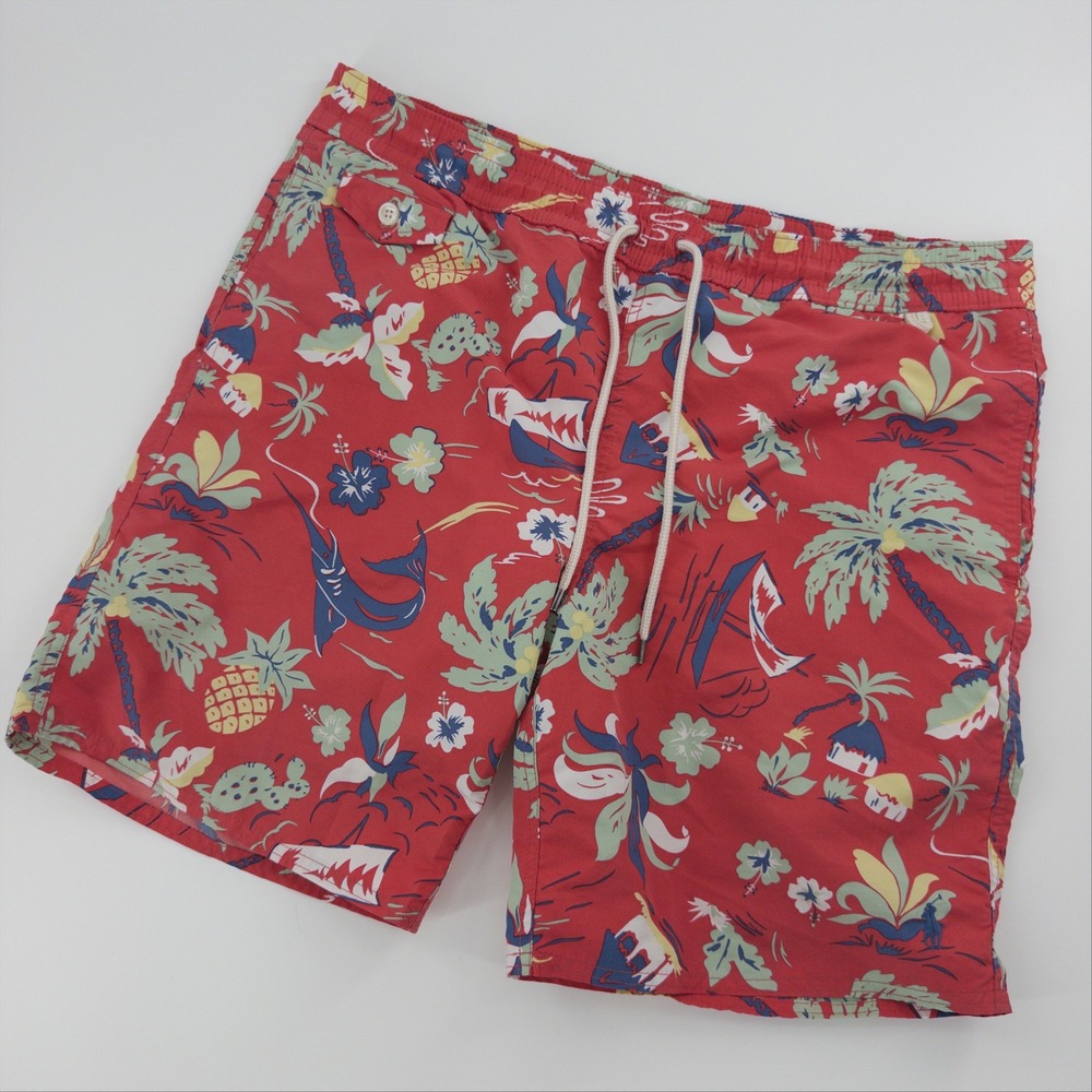 Polo Ralph Lauren‎ Swim Trunks Men Medium Red Tropical Island Print Streetwear